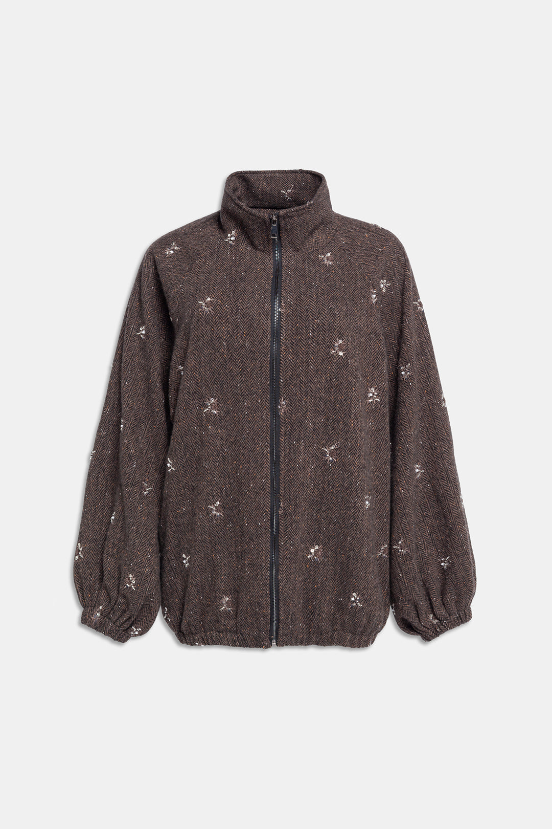 HERRINGBONE BOMBER JACKET WITH EMBROIDERY