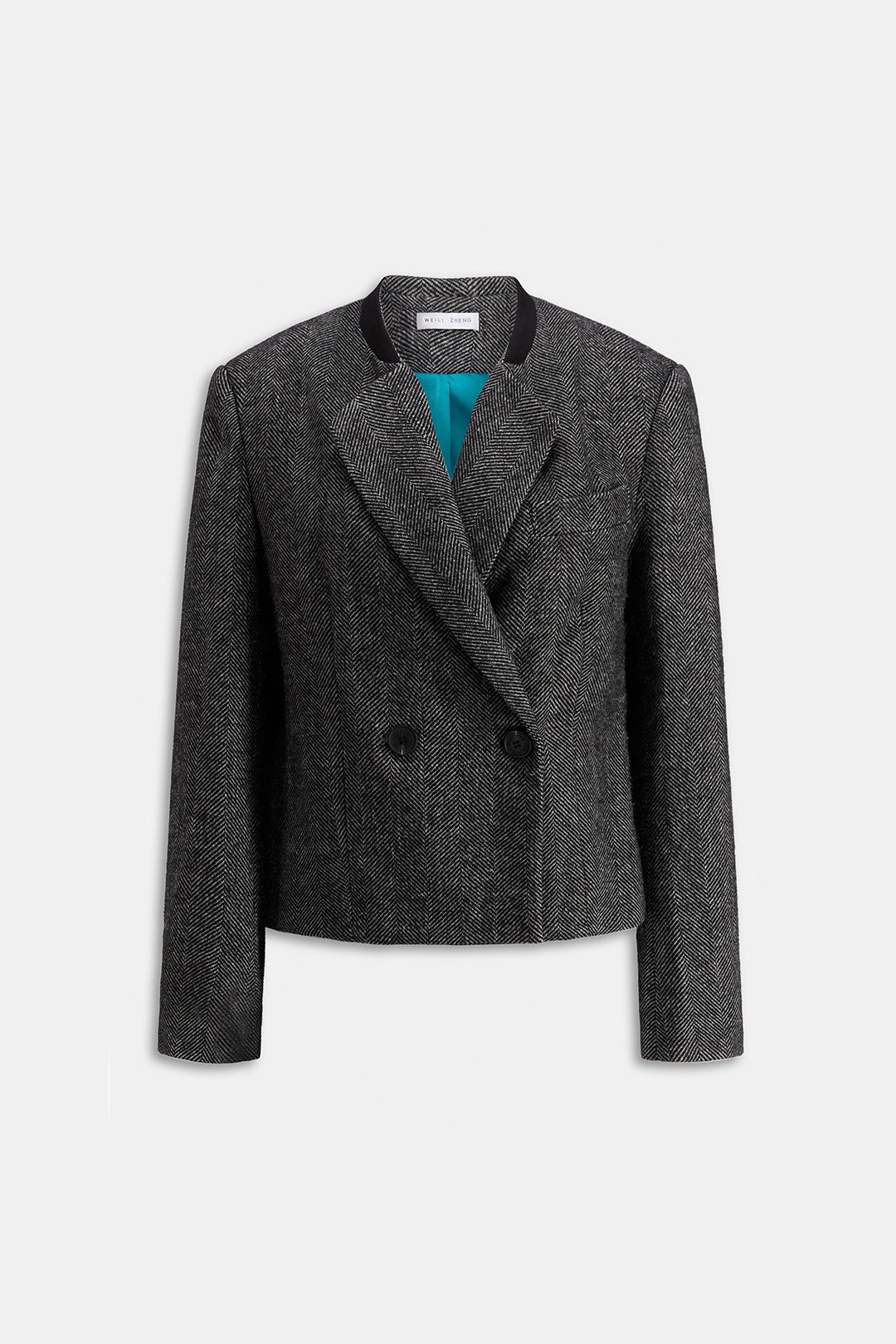 SHORT DOUBLE-BREASTED B&W HERRINGBONE JACKET