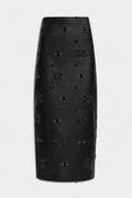 EMBROIDERED FAUX LEATHER PENCIL SKIRT Black